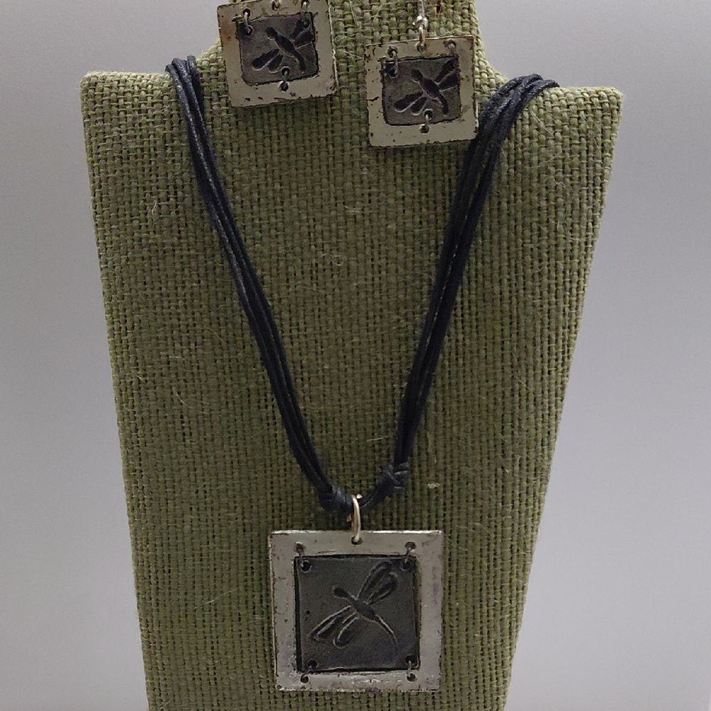 Silver Dragonfly Pendant Necklace and Earrings Set - Black Cord